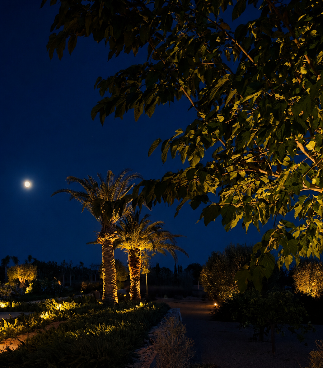 Uplit olive tree with warm amber glow