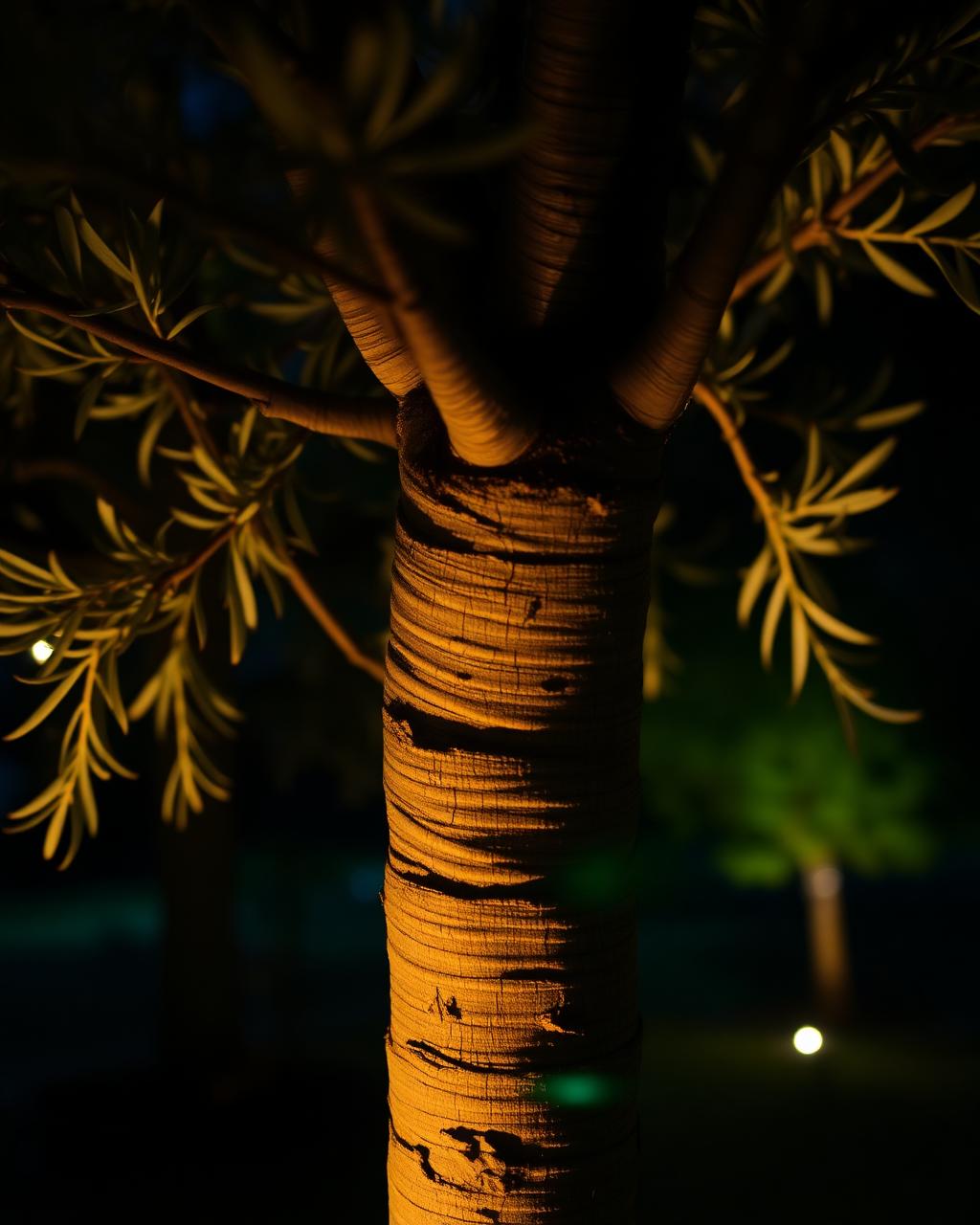 Uplit olive tree with warm amber glow