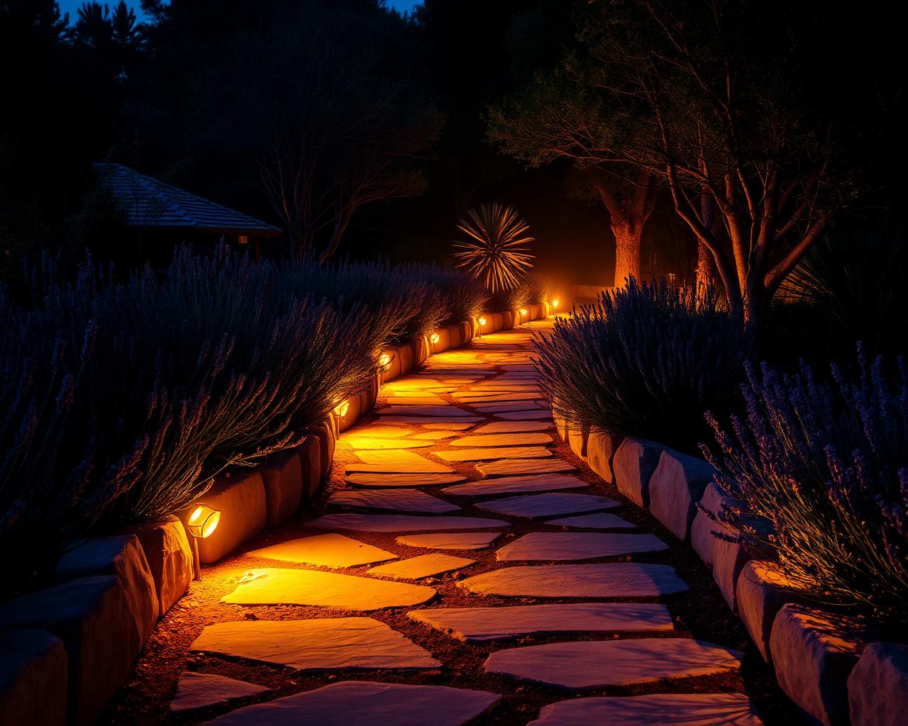 Stone garden pathway with low-voltage path lights at night