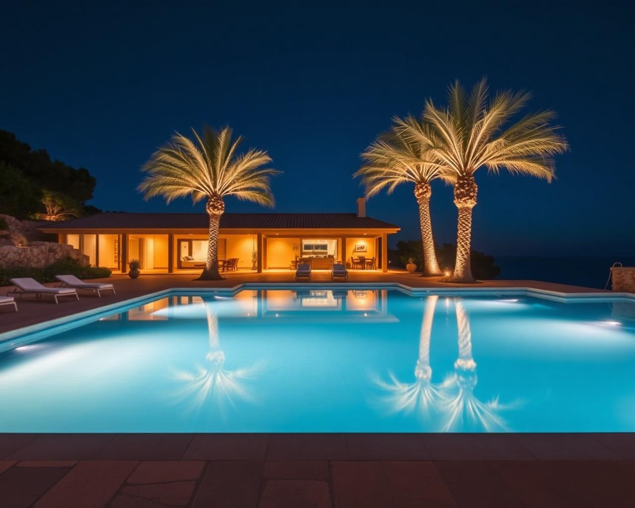 Pool and palms illuminated at night, Mallorca villa